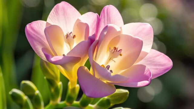 Close up of two beautiful vibrant pink and yellow Freesia flowers blooming in a green garden