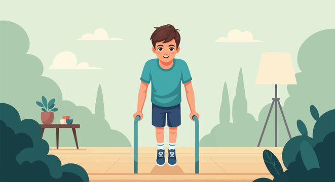 A young boy practices on parallel bars in a bright, outdoor setting