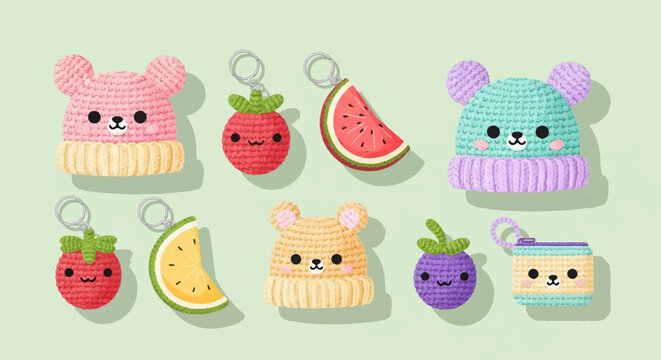 Adorable crocheted fruit and bear keychains displayed on a light green background