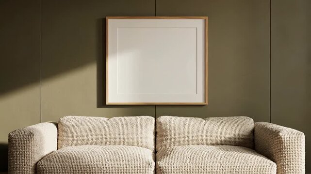 Seamless loop focusing on the geometric lines where a clean empty picture frame sits above a modern couch set against a solid olive backdrop with soft shadows pattern, modern couch, backdrop