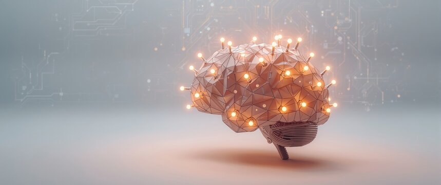 Human brain in polygon style with illuminated lightbulbs group