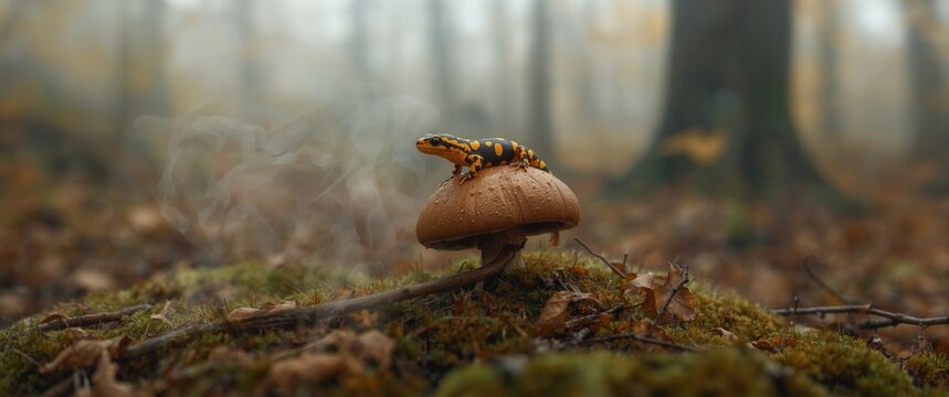 Spotted fire salamander perched on cep mushroom during fall in forest