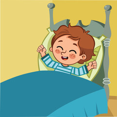Cute Cartoon Boy Waking Up in Bed &ndash; Kids Morning Routine Illustration.Cute cartoon boy waking up in bed and stretching happily. Smiling child starting the day in the morning.