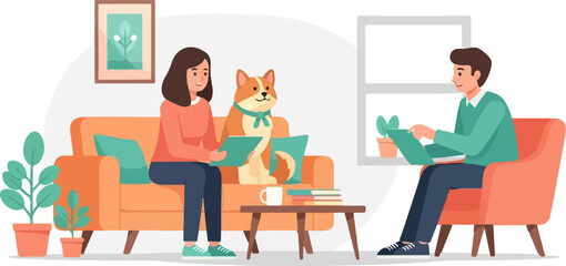 A woman, a dog, and a man are in a room, looking at tablets