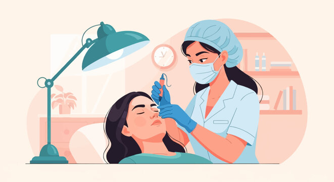 Aesthetician performs procedure on client's face under bright lamp