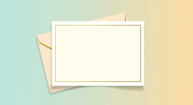 An elegant cream-colored card with a gold border sits on a light tan envelope
