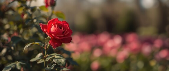 Obraz premium City park with a blooming red rose flower