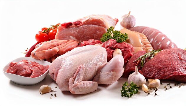 assorted raw meat products and chicken isolated on a white background