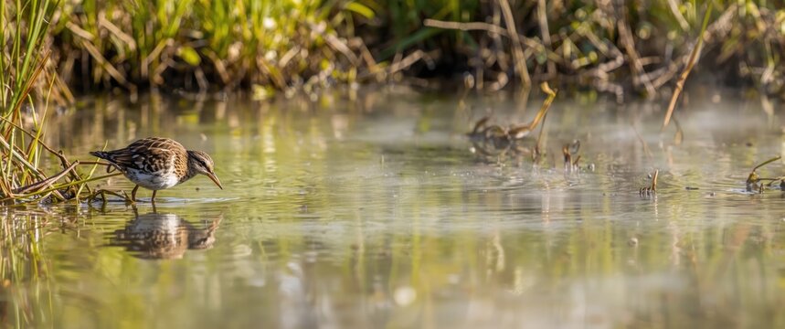 Springtime foraging of Sora Rail or Sora Crake on the pond