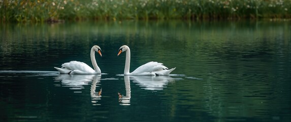 Fototapeta premium Nature scene with swans swimming on water