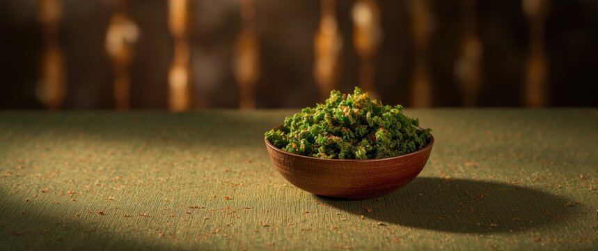 Homemade green shev or namkeen: Spinach or palak sev, crunchy fried savory noodles, a traditional Indian snack