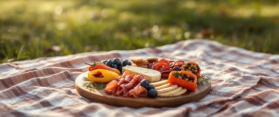 Fototapeta premium Picnic cloth with a charcuterie board of cold cuts, cheese, and fresh fruits