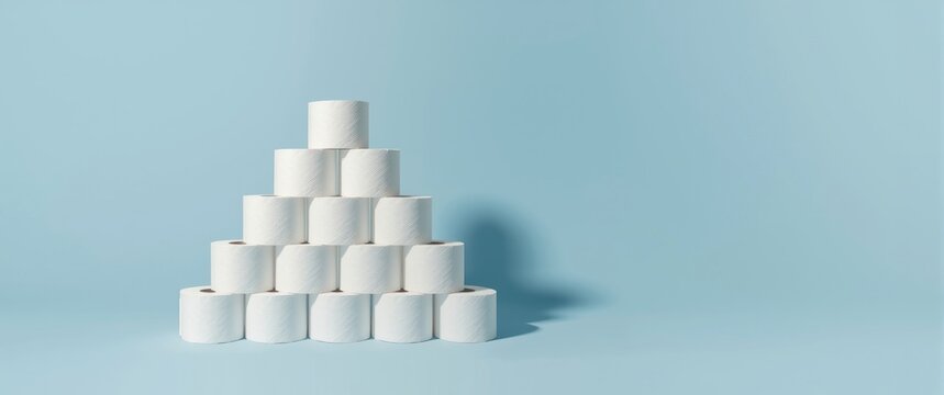 Stacked toilet paper rolls against a sky blue background