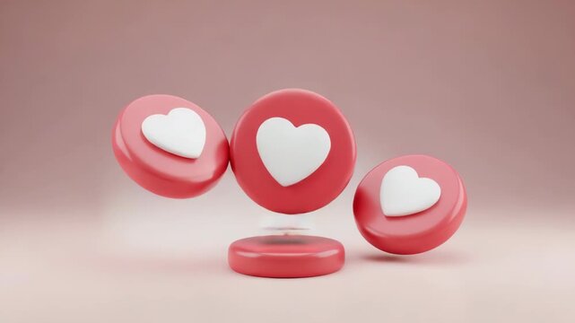 3d render of red heart icons on a pink background with white hearts