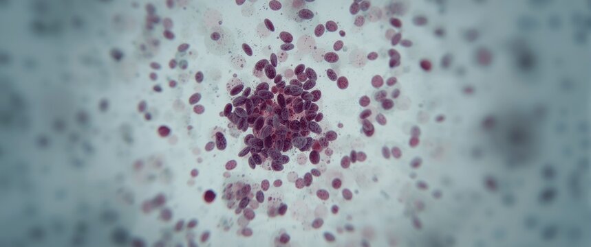 Leukemia as a blood cancer: Photomicrograph showing white blood cell malignancy. Peripheral blood smear with cancer cells