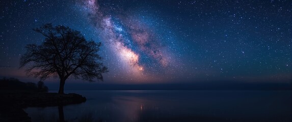 Naklejka premium Milky Way stretches across the night sky with light reflections and a waterfront tree
