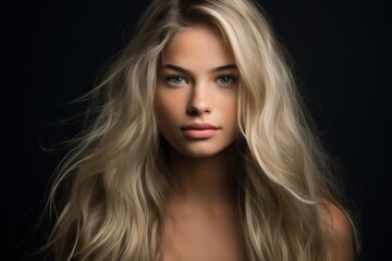 Fototapeta premium Young woman looking into camera, her long blonde hair framing a beautiful face