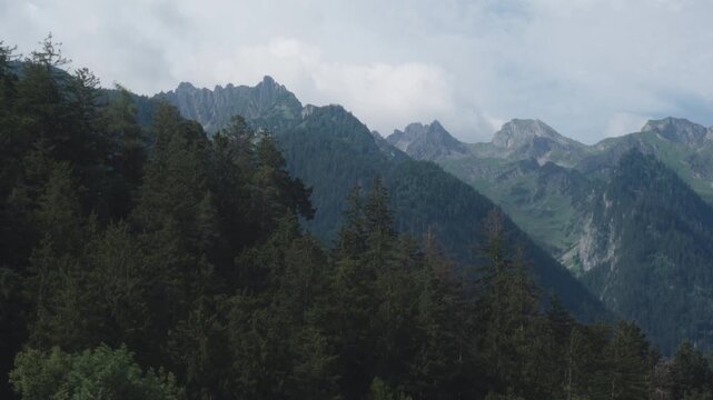 A scenic view of high green and rocky mountain peaks and deep valleys under a blue partly cloudy sky and treetops on the foreground. Austrian Alps in Bludenz, Vorarlberg 4K