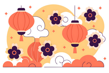 Fototapeta premium Decorative Elements for Chinese New Year Celebration with Lanterns and Flowers