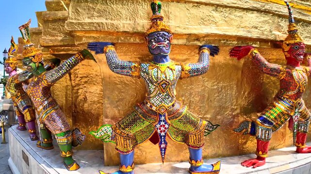 Colorful guardian statues at a Thai Buddhist temple stand against golden walls, symbolizing protection and mythology.