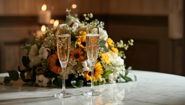 Two champagne flutes positioned on a white surface with a wedding bouquet in the background, used for event decor
