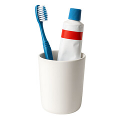 Toothbrush and toothpaste in bathroom cup isolated on transparent background