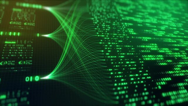 Neural Network Big Data Flow Visualization, Binary Code Matrix, AI Machine Learning Abstract Background, Quantum Computing, Cyber Security, Futuristic Technology Artificial Intelligence Digital Grid