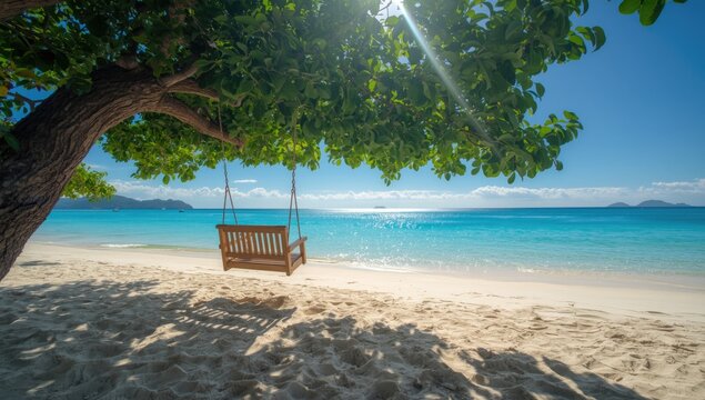 Koh Lipe beach with a wooden swing under a leafy tree overlooking the blue sea, focusing on relaxation and natural scenery, World Oceans Day