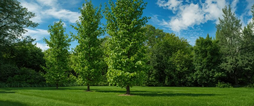 Lush green Liquidambar styraciflua trees, three tall and vibrant, with fresh leaves, grow on a grassy lawn surrounded by dense foliage