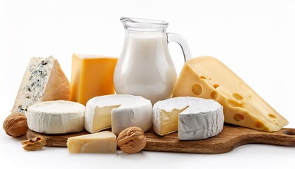 assorted cheeses and milk products isolated on a white background