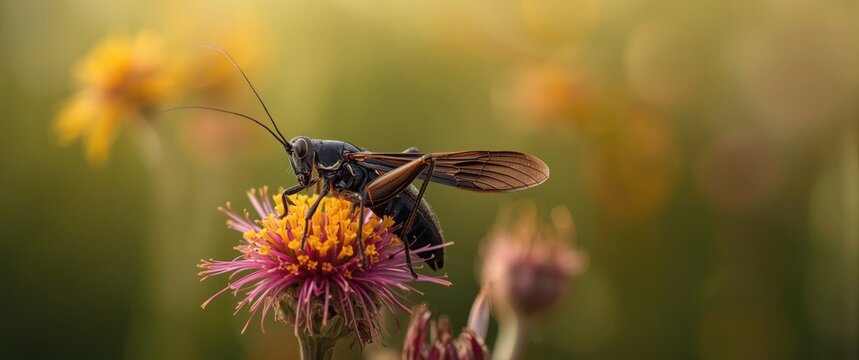 Gryllus campestris, European field cricket, on flowers of a steppe plant in southern Ukraine