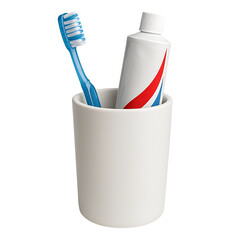 Toothbrush and toothpaste in cup isolated on transparent background