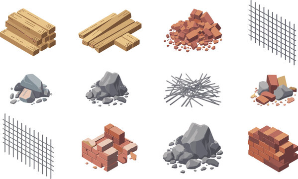 Construction materials vector collection with wood planks bricks stones concrete rubble metal mesh building resources illustration isolated
