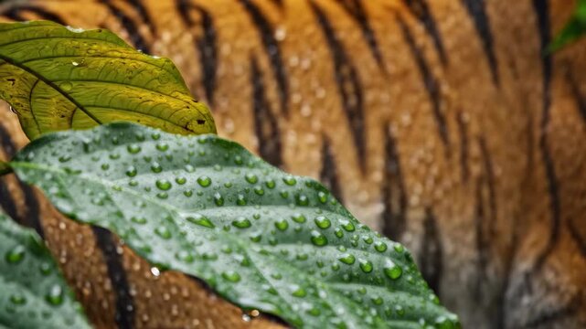 Seamless loop macro shot showing the transition of focus between the detailed orange stripes of tiger fur and wet jungle plant veins detail, biology, environment