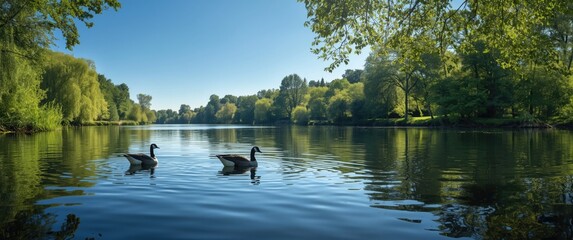 Fototapeta premium Pair of greylag geese on the river surface