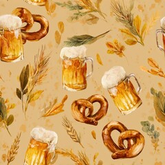 Watercolor Oktoberfest seamless pattern featuring frothy beer mugs, pretzels, and autumn foliage, evoking festive Bavarian traditions.