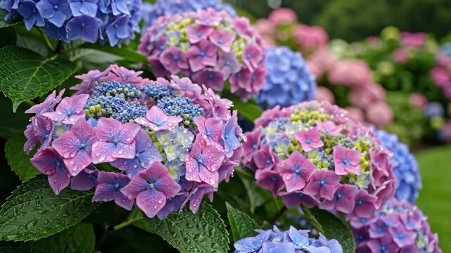 Beautiful vibrant purple and blue hydrangea flowers displaying fresh water droplets in a lush garden