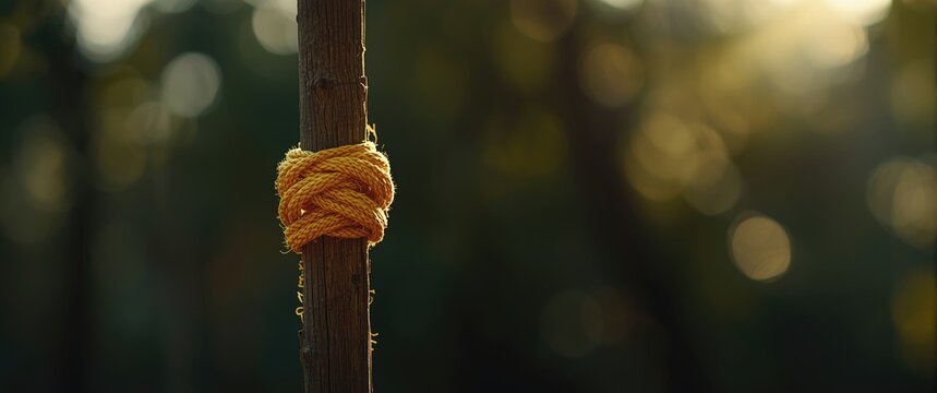 Subject tied conically with yellow rope on a wooden stick, close-up shot with noise