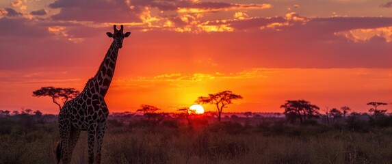 Fototapeta premium Beautiful sunset and sunrise. Panorama silhouette of giraffe in Africa at sunset. Focus on details