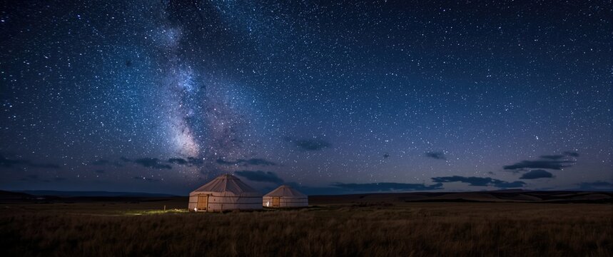 Winter scene of Mongolian yurts on the grassland with a starry sky