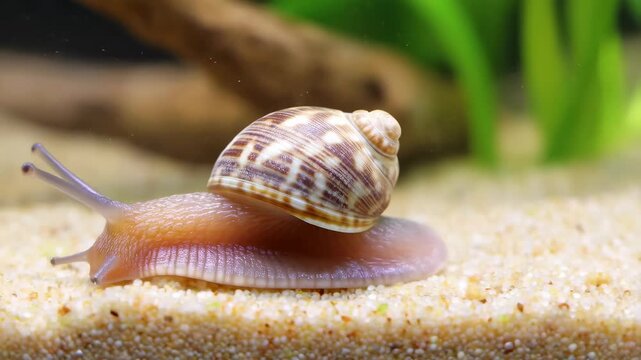 Snail with a decorative shell gliding over sandy aquarium substrate. A captivating glimpse into underwater life and the beauty of marine ecosystems