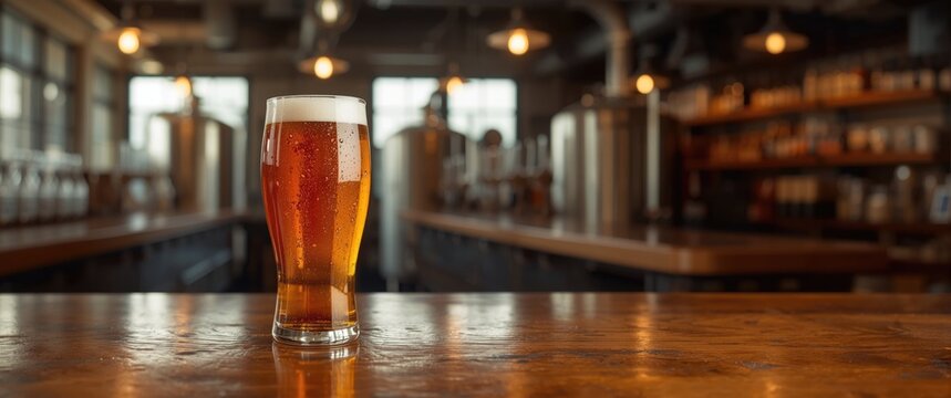Brewery scene with a craft beer pint glass, imperial IPA pale ale, golden brown hue