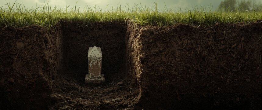 Subterranean perspective of a grave and headstone