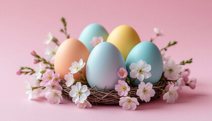 Easter eggs in a nest with spring flowers on a pink background