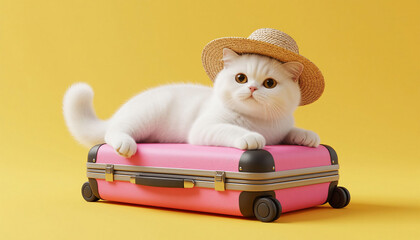 Charming Cat in a Straw Hat Posing on a Pink Suitcase