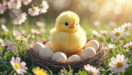 Cute little chicken in nest with eggs on green grass in spring