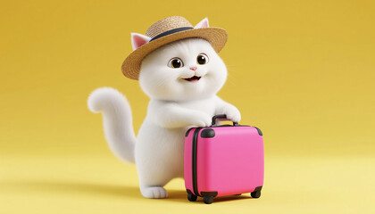 Adorable fluffy cat in a straw hat, ready for a sunny vacation with a pink suitcase on a yellow background