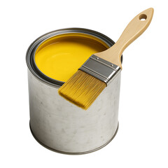 Yellow paint can with wooden brush home renovation concept isolated on transparent background
