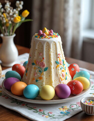 Festive Easter cottage cheese cake with colorful eggs and spring flowers