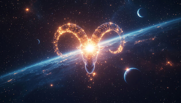 Zodiac sign Aries in space with stars and nebula.